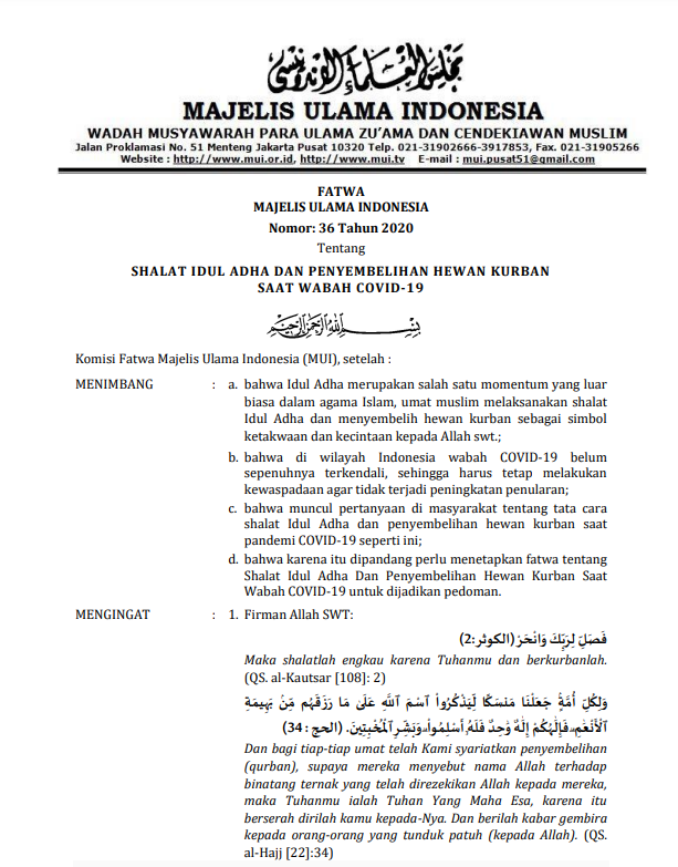 SHALAT IDUL ADHA DAN PENYEMBELIHAN HEWAN KURBAN SAAT WABAH COVID-19